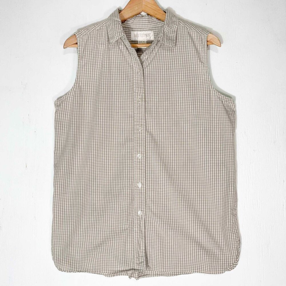 VTG 90s Beige Gingham Check Retro Top Womens XL Sleeveless Button Up Cottage